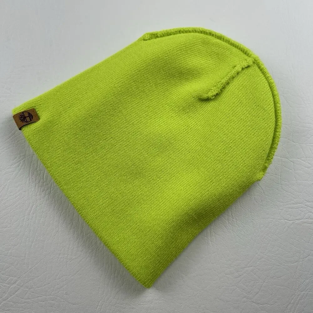 Timberland Neon Green Beanie Hat One Size Unisex Knit Logo Acrylic